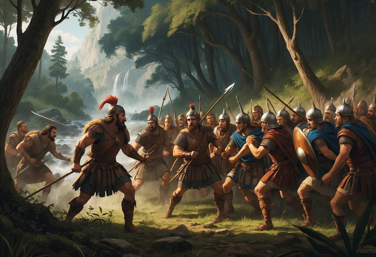 A battle scene in a dense forest where Arminius leads Germanic warriors ambushing Roman soldiers.
