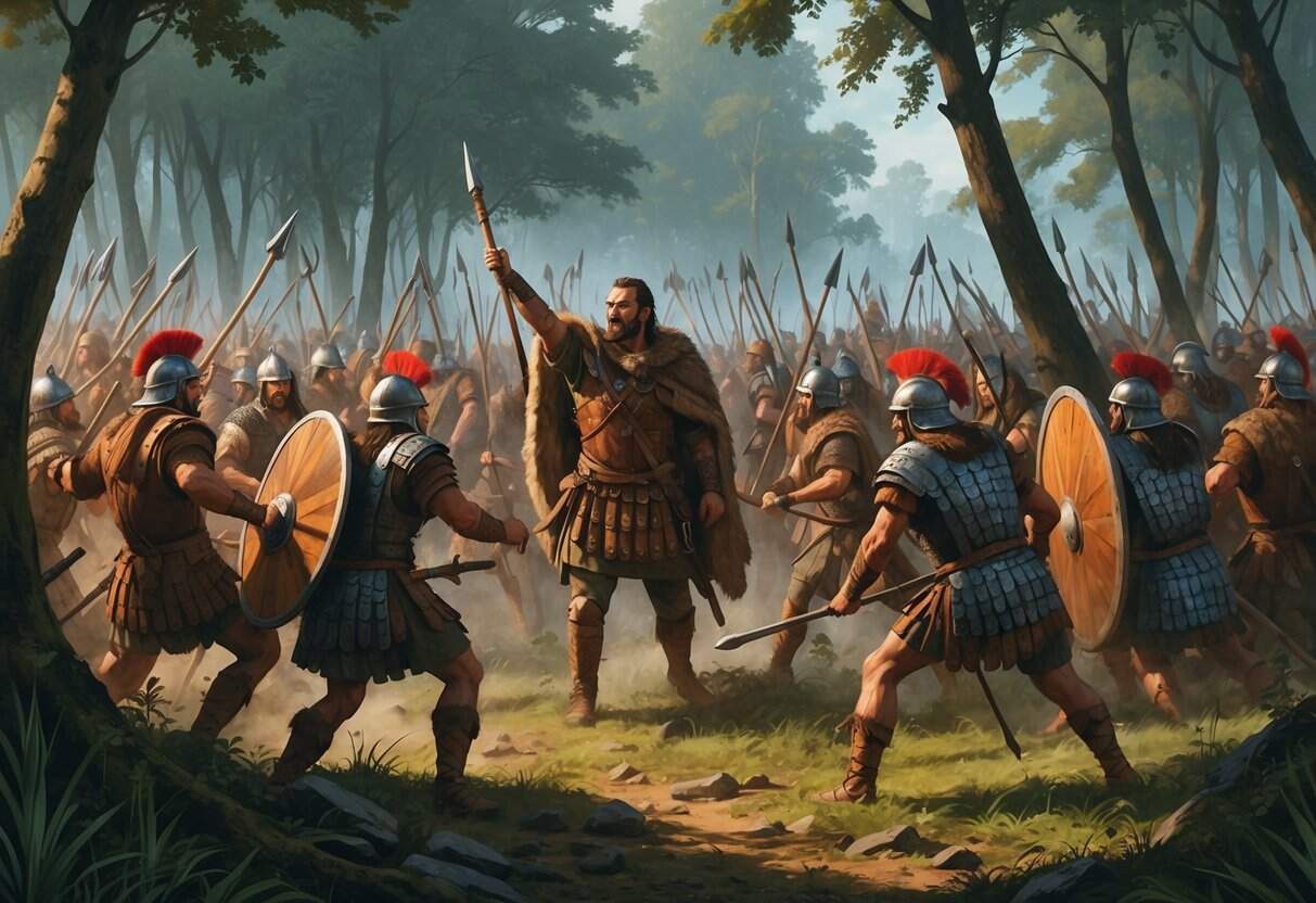 A Germanic leader and warriors ambush Roman soldiers in a dense forest battle scene.