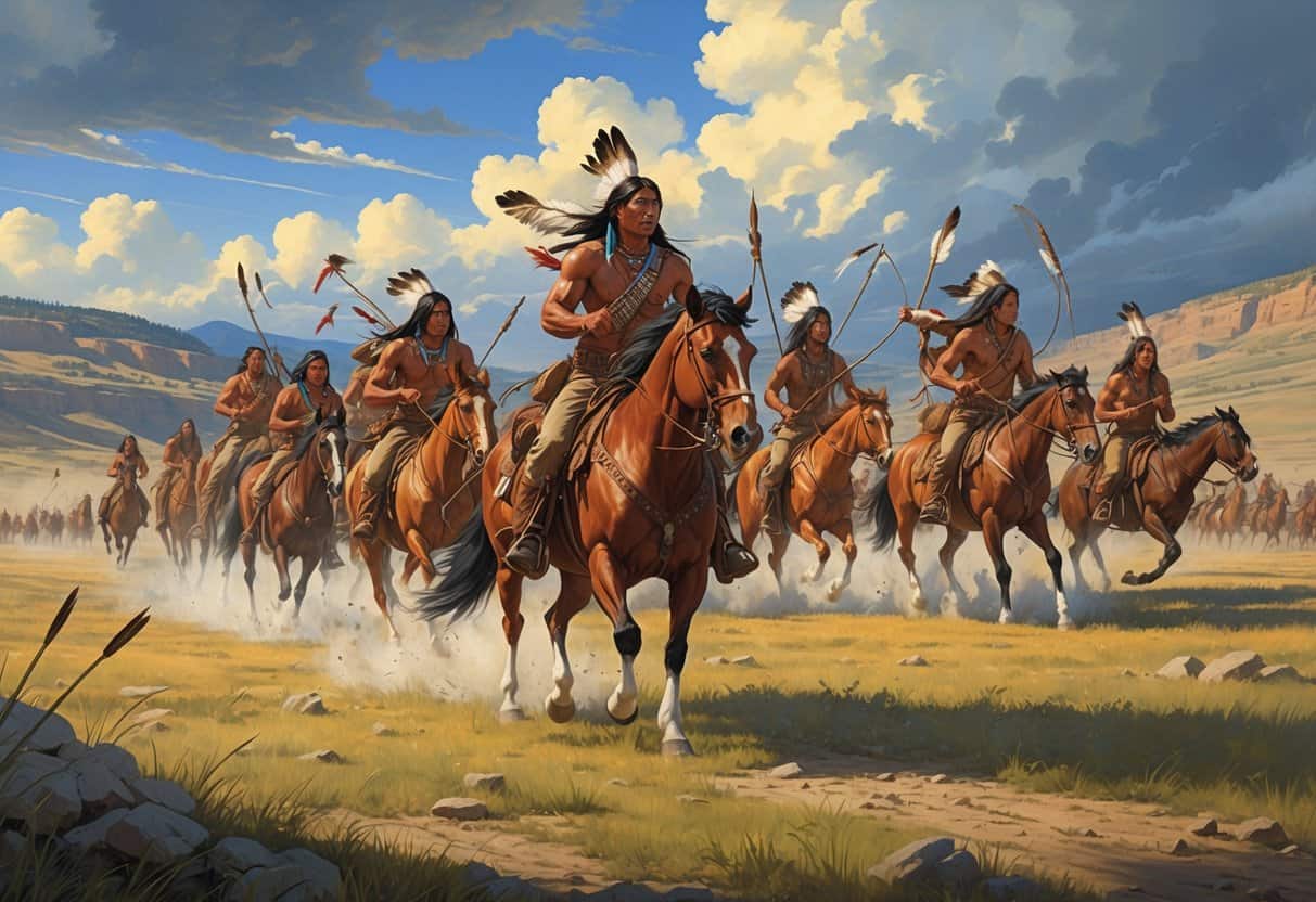 Native American warriors led by Crazy Horse on horseback charging across a battlefield at the Battle of Little Bighorn.