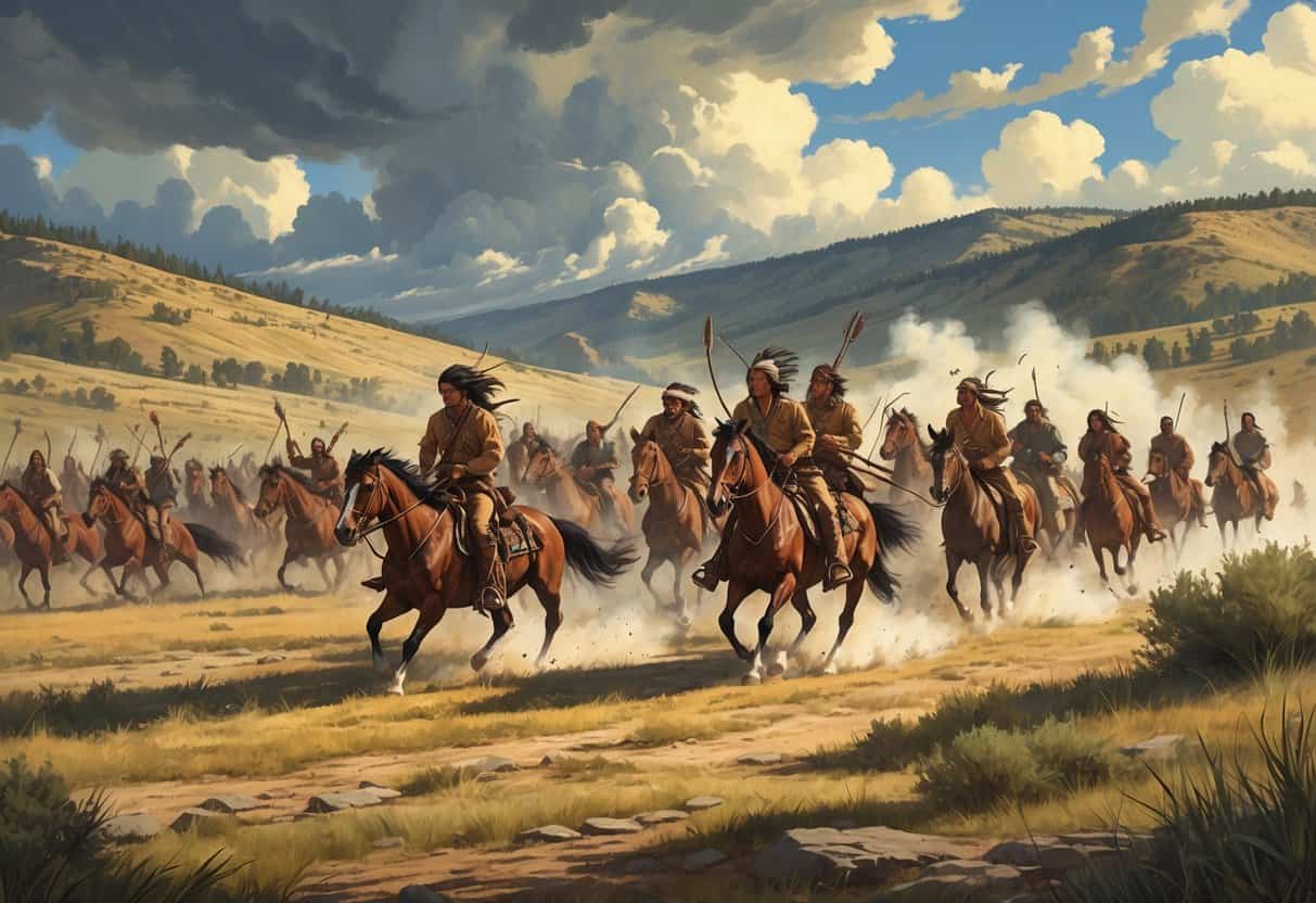 A battle scene showing Native American warriors led by Crazy Horse charging on horseback against U.S. cavalry soldiers on an open battlefield with hills and cloudy sky.