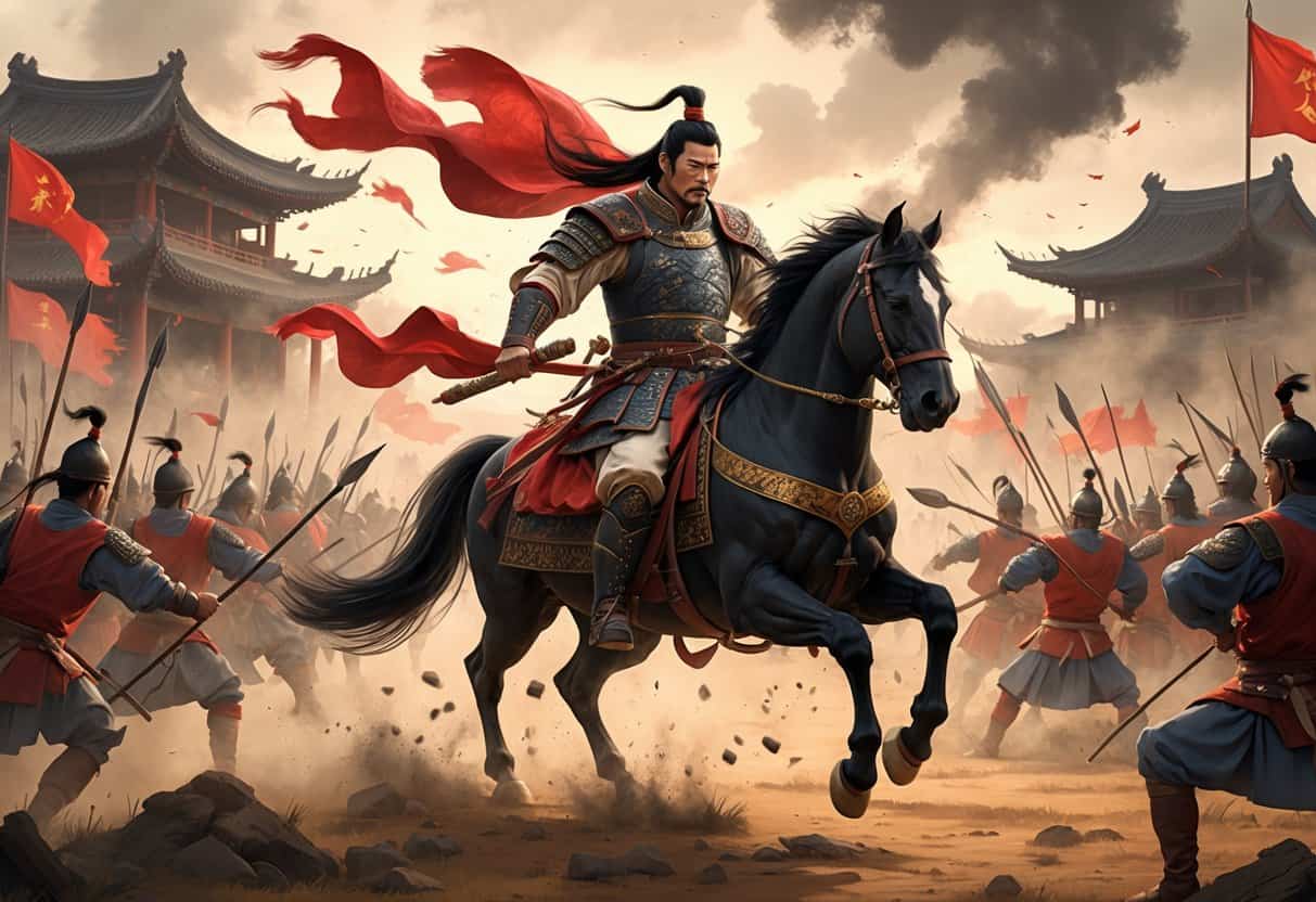 A warrior in ornate armor on a rearing horse leads a chaotic ancient battlefield with soldiers fighting around him.
