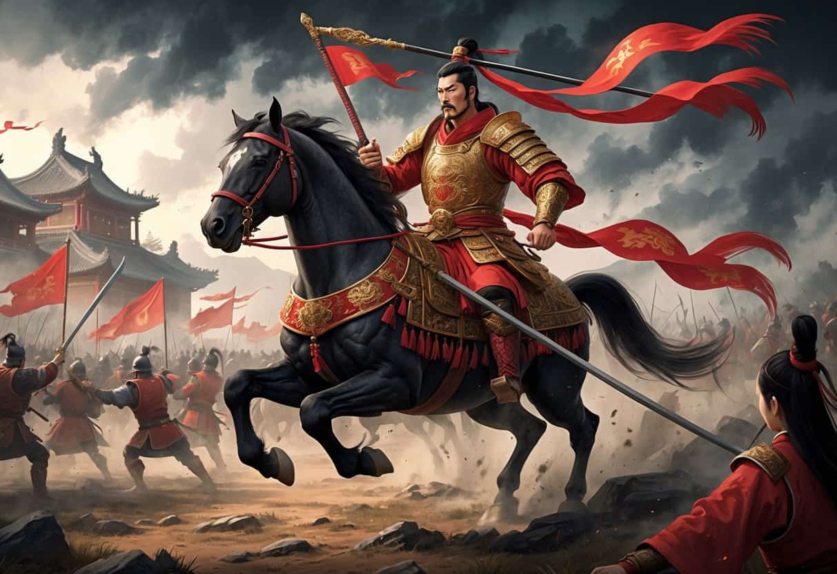 A fierce warrior in traditional armor on a rearing horse on a chaotic battlefield with soldiers and banners, showing a tense and dramatic war scene.
