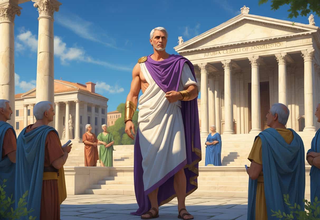 Julius Caesar standing confidently in front of the Roman Senate with senators around him and classical Roman architecture in the background.