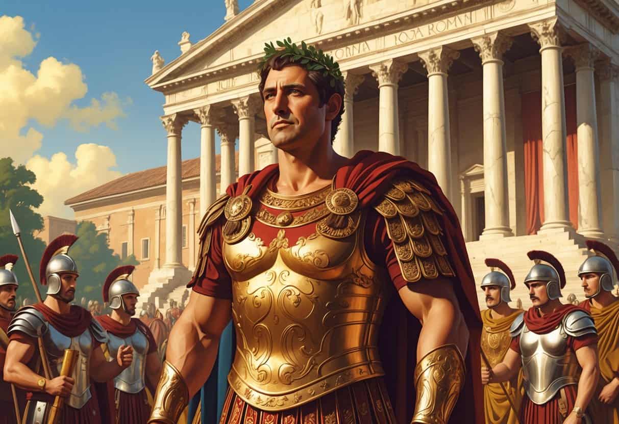 Julius Caesar standing in front of the Roman Senate building, wearing a laurel wreath and Roman armor, surrounded by soldiers and classical architecture.