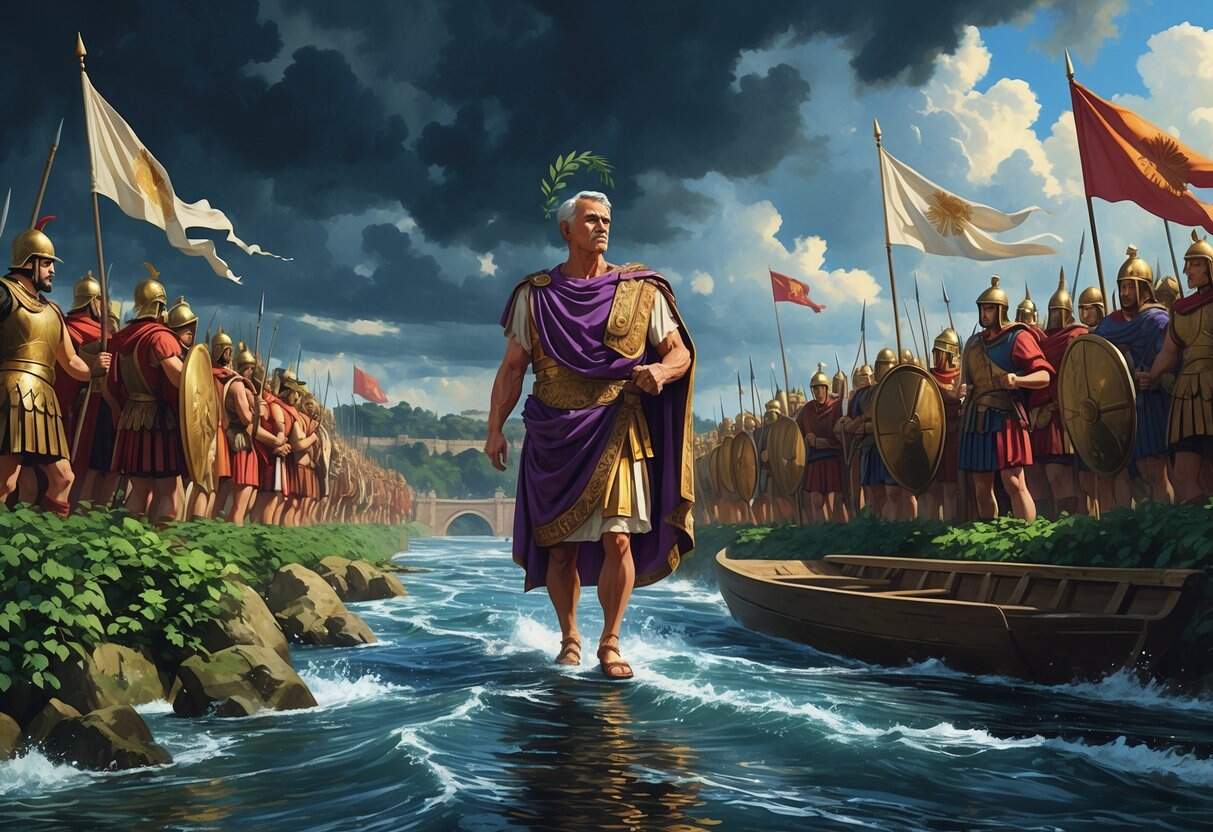 Julius Caesar standing at the edge of a river with Roman soldiers nearby, preparing to cross the Rubicon.