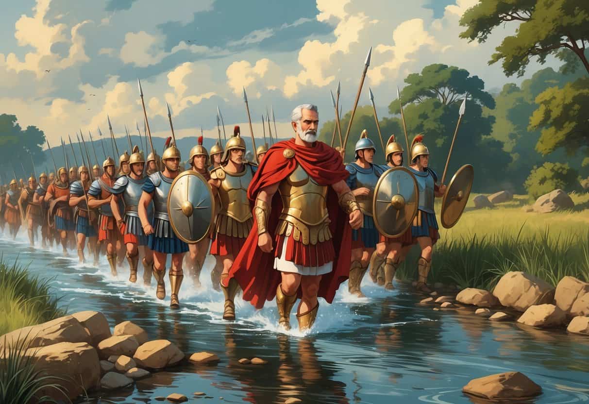 Julius Caesar leading Roman soldiers as they cross a river surrounded by trees, with Caesar standing at the front in military armor and a red cloak.