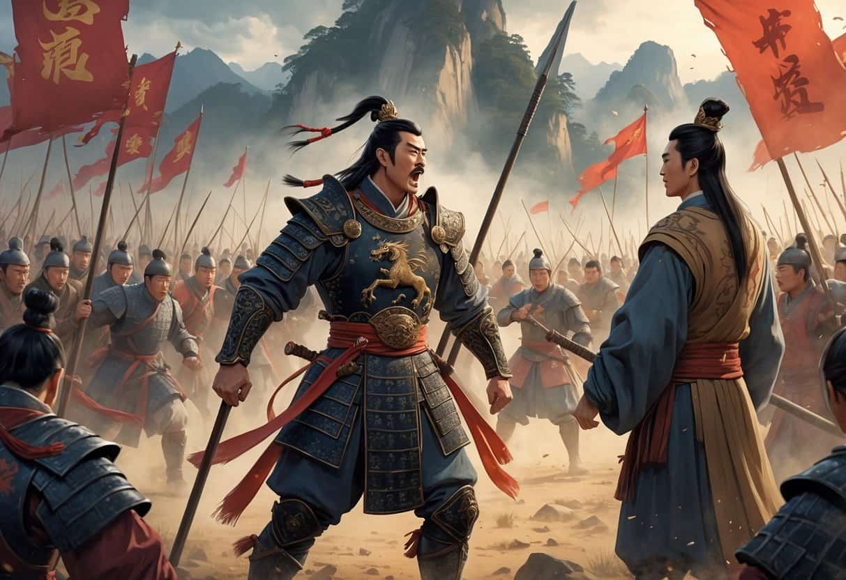 Zhang Fei commanding troops on a battlefield beside Liu Bei, with soldiers fighting and mountains in the background.