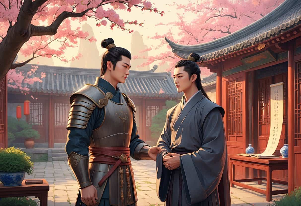 Two young men in traditional Chinese clothing stand together in a courtyard with cherry trees, engaged in conversation, symbolizing their close bond and partnership.