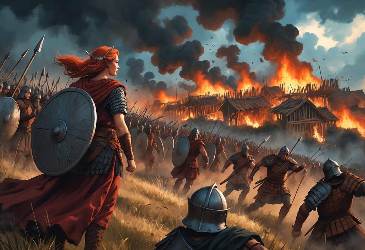 Queen Boudica leads her warriors as they attack and burn a Roman city, with smoke and flames rising and Roman soldiers retreating.
