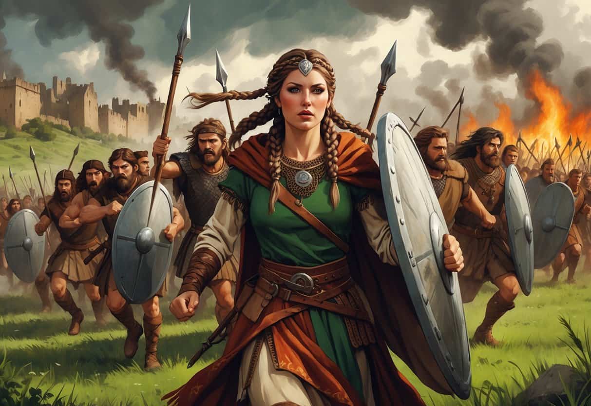 Queen Boudica leads Celtic warriors charging against Roman soldiers as buildings burn in the background during an uprising in ancient Britain.