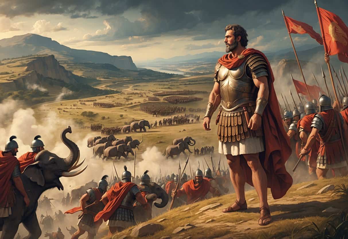 Hannibal Barca stands on a hill overlooking a battle where Carthaginian soldiers and war elephants fight Roman legionaries on a rugged battlefield.