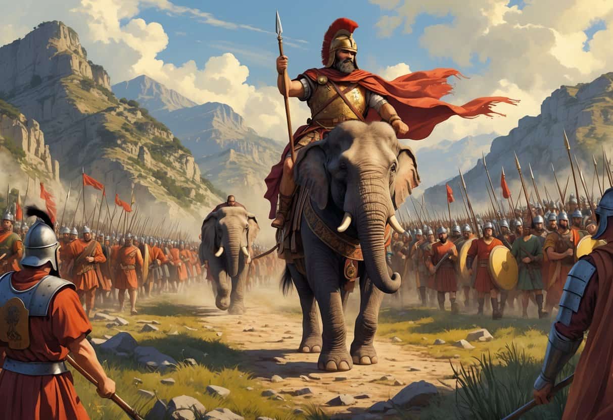 Hannibal Barca leading his army on a war elephant across mountains with Roman soldiers in the background, depicting a historic battle scene.