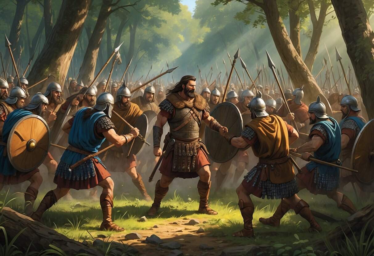 Arminius leads Germanic warriors fighting Roman soldiers in a dense forest during a fierce battle.