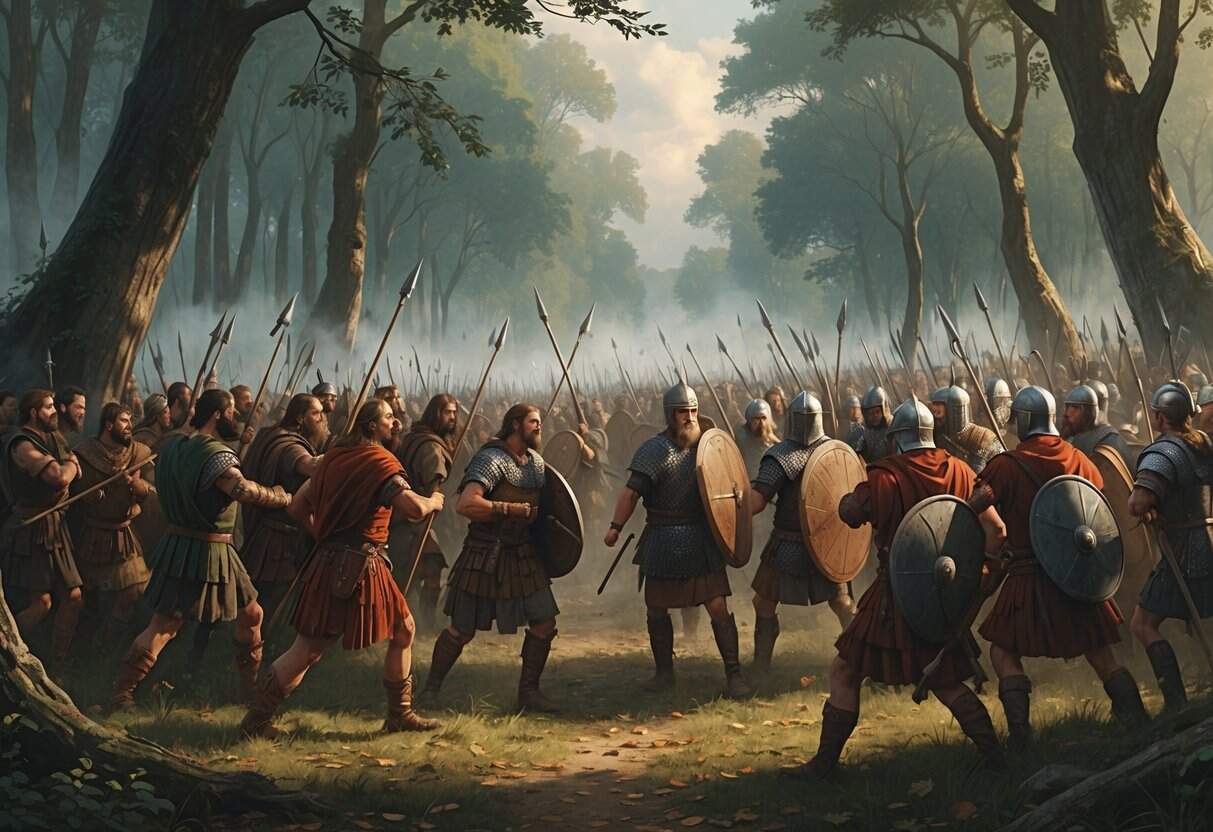 A battle scene in a dense forest with Germanic warriors led by Arminius ambushing Roman soldiers.