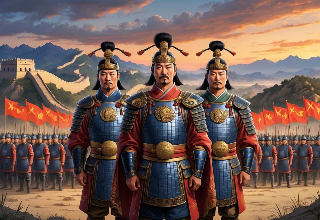 Three Qin Dynasty generals in traditional armor stand before an organized army with banners, the Great Wall stretching across mountains behind them.