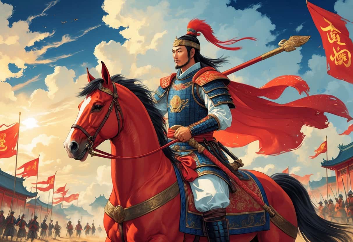 A warrior in traditional Chinese armor rides a red horse on a battlefield, holding a long weapon with soldiers and banners in the background.