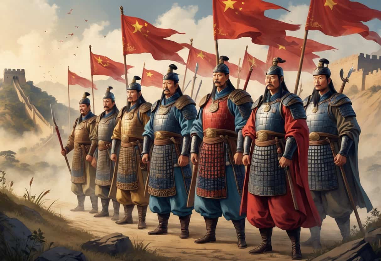 A group of ancient Chinese generals in armor standing together on a battlefield with hills and the early Qin empire landscape in the background.