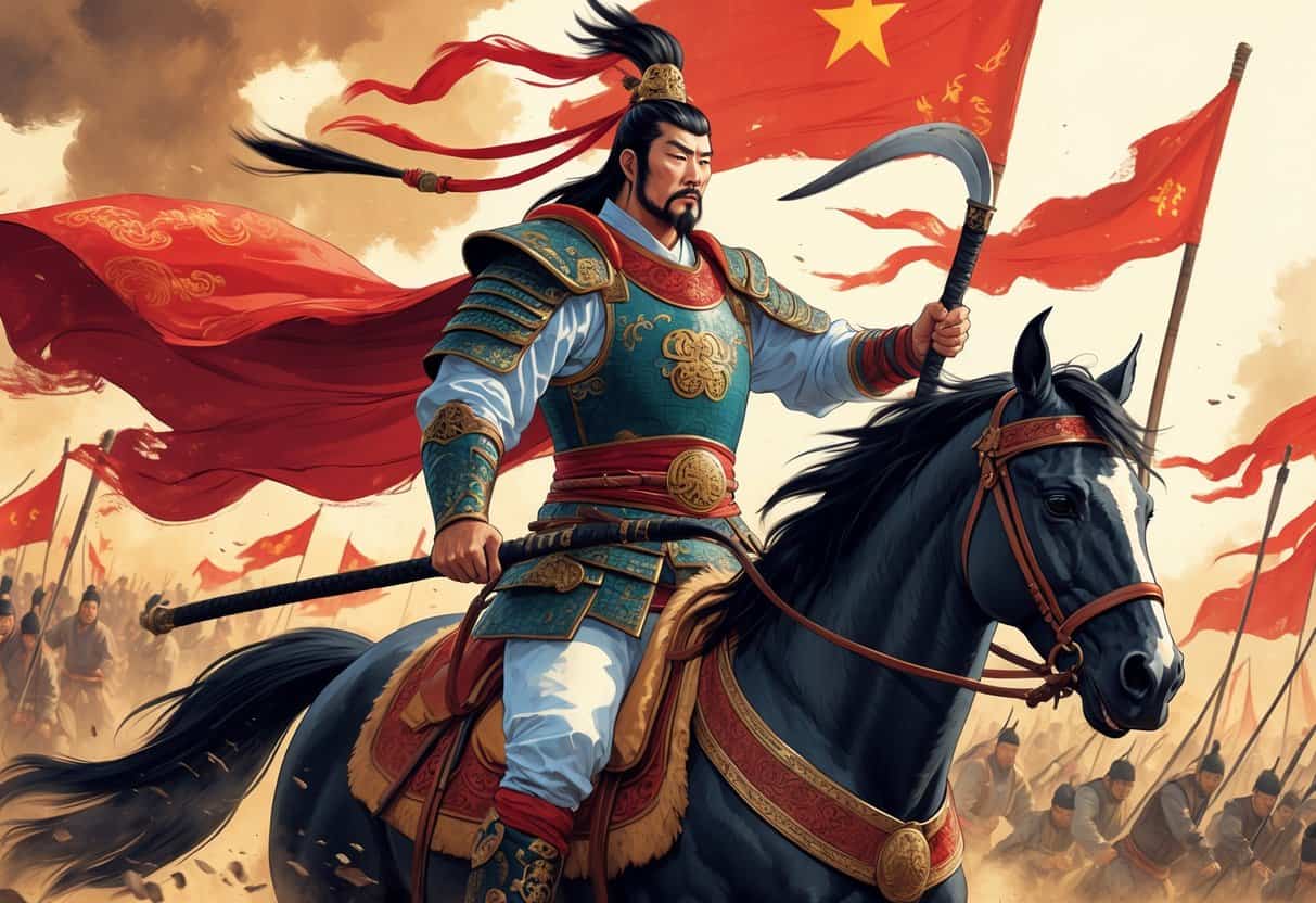 A warrior in traditional Chinese armor on horseback holding a halberd, leading soldiers on a battlefield with banners and smoke in the background.