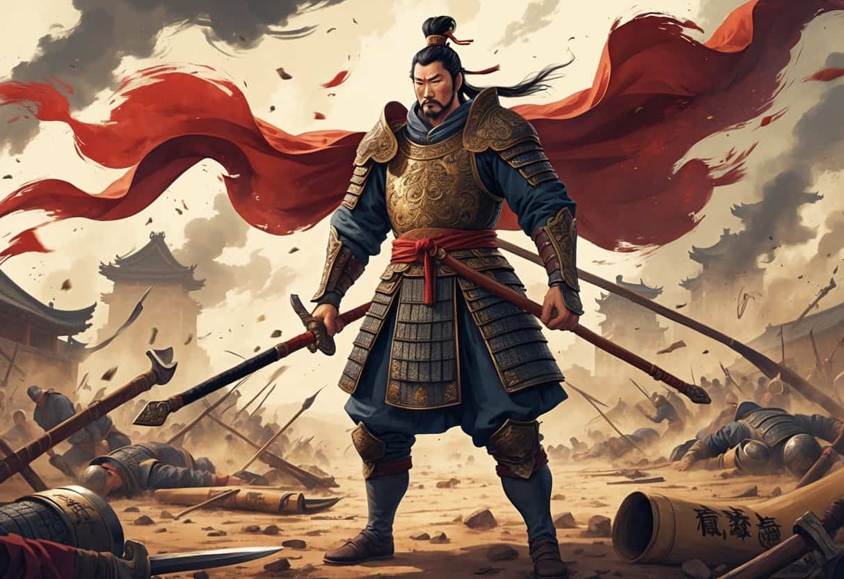 A powerful ancient Chinese warrior stands on a chaotic battlefield with broken weapons and fallen soldiers around him, next to a table holding a partially unrolled map.