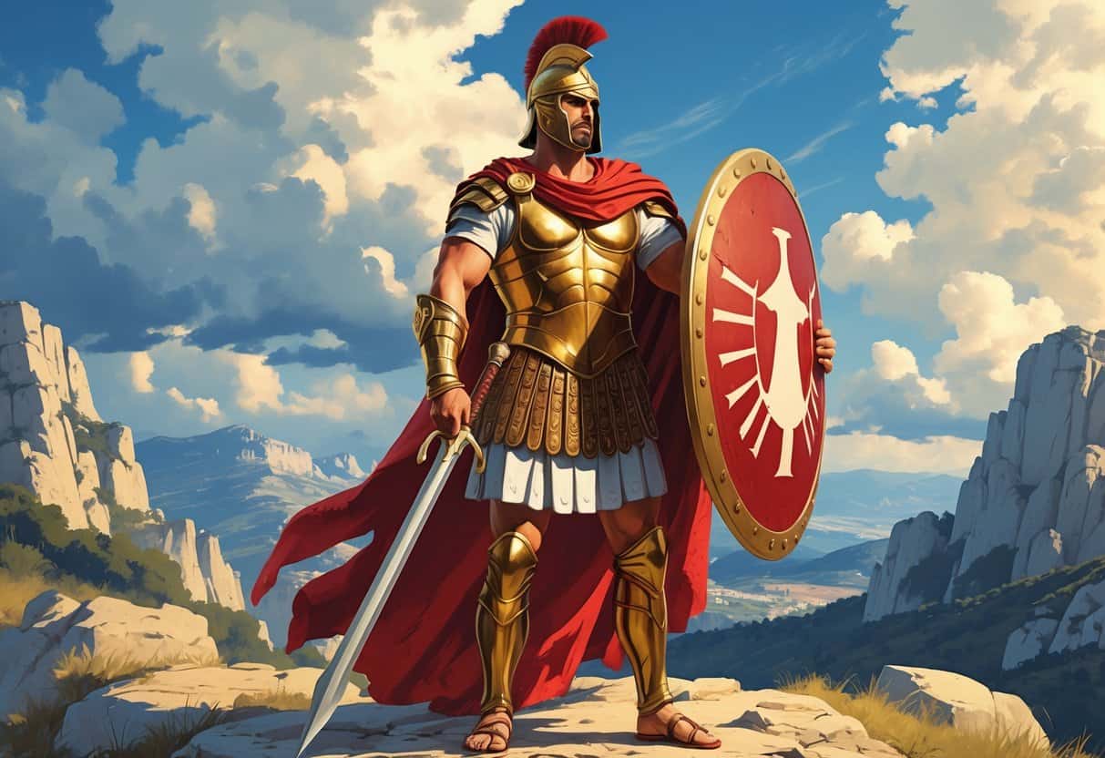 Leonidas I, an ancient Spartan king, stands in battle armor holding a spear and shield on rocky ground with mountains behind him.