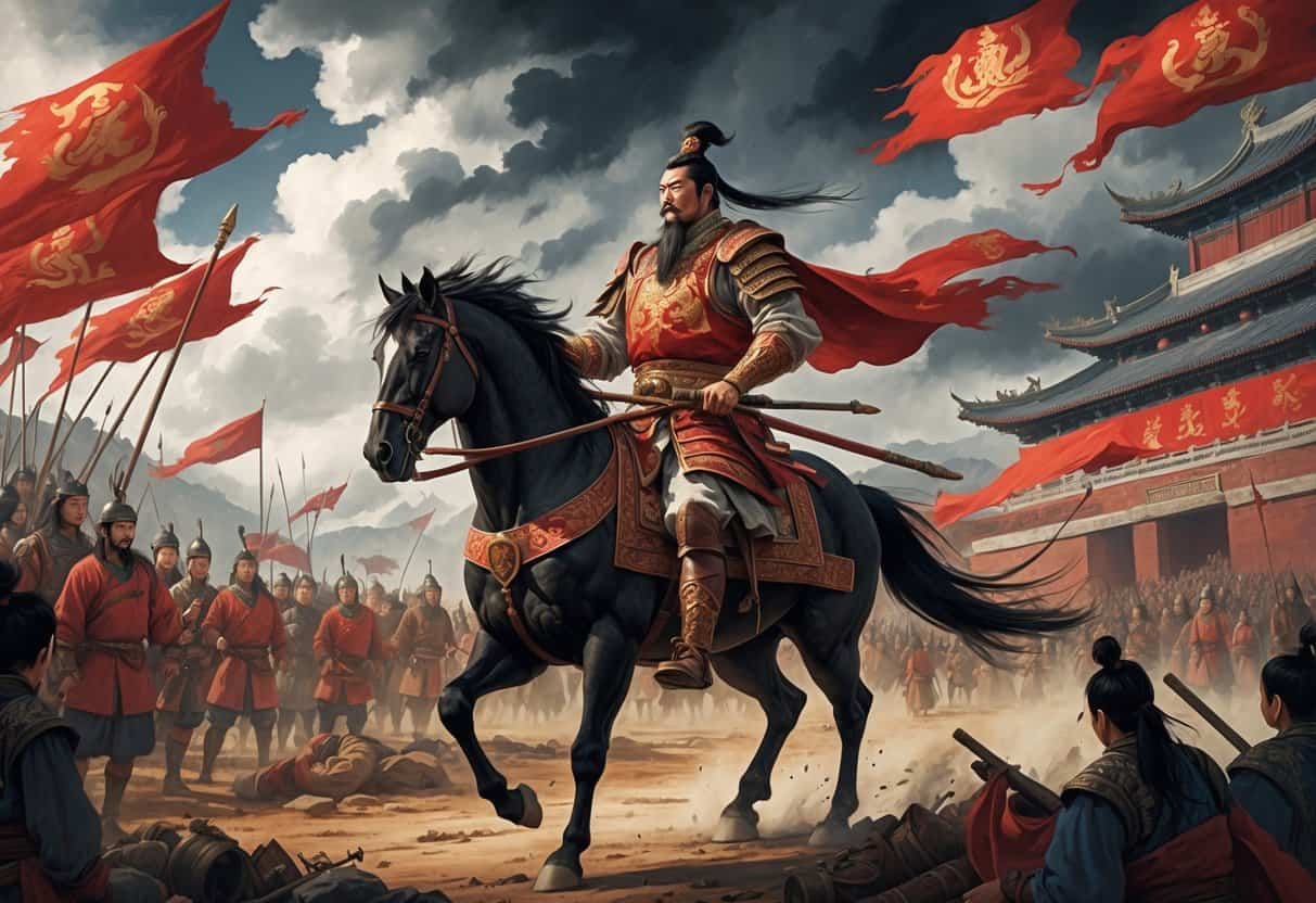 A fierce ancient Chinese warrior in ornate armor rides a powerful horse on a battlefield, surrounded by scenes of battle, loyal soldiers, and shadowy figures symbolizing betrayal.
