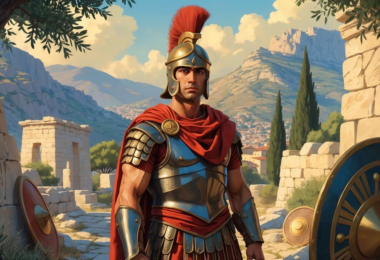 A young Spartan warrior stands confidently in traditional armor with a helmet and red cloak, set against a mountainous landscape with ancient stone buildings and olive trees.