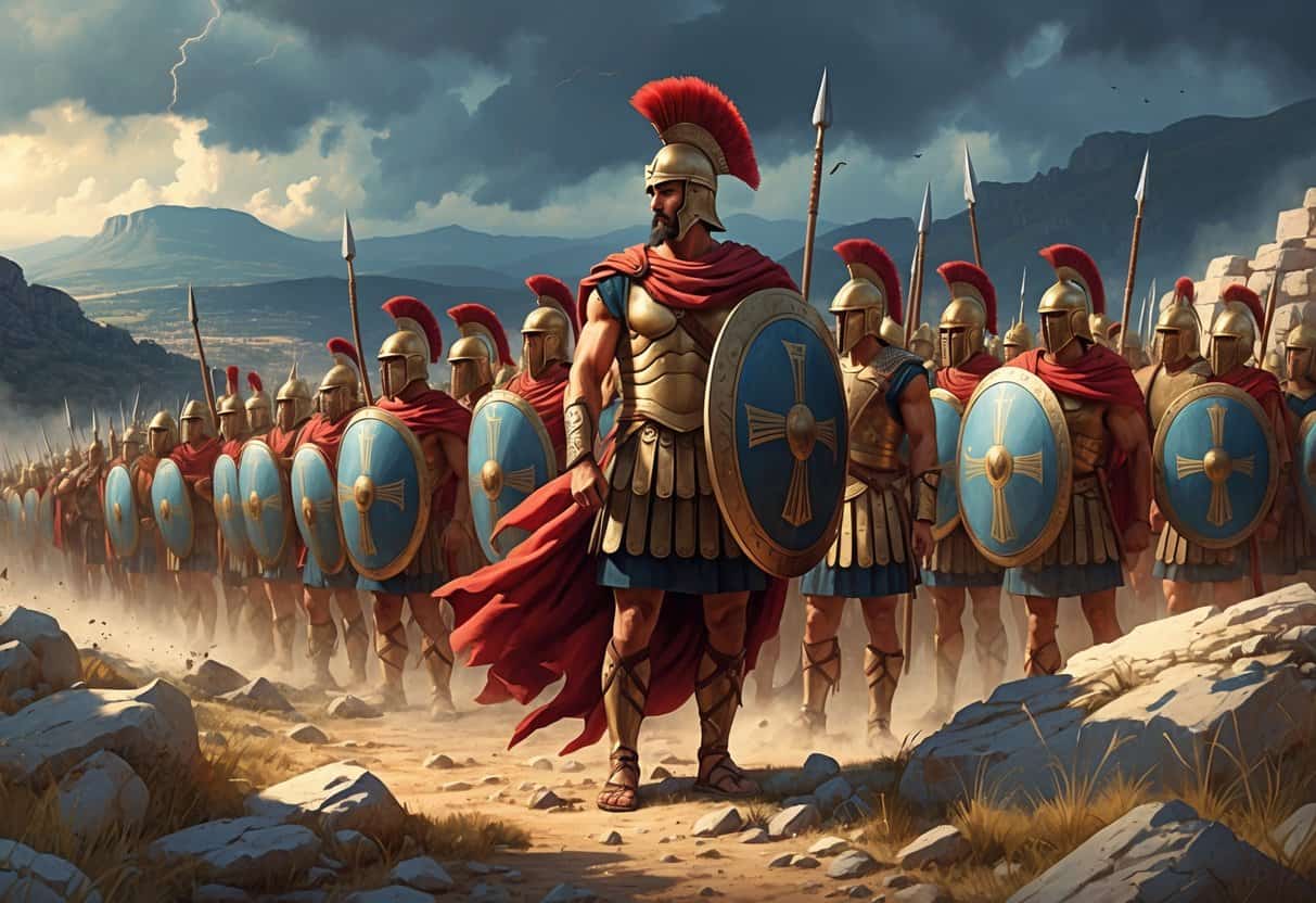 A group of Spartan warriors led by King Leonidas stand on a rocky battlefield with mountains in the background, preparing for battle.