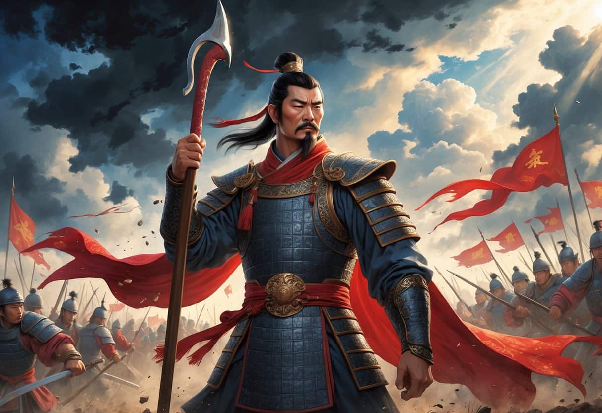 A fierce ancient Chinese general stands on a battlefield holding a spear, surrounded by soldiers and smoke, with a dramatic sky overhead.