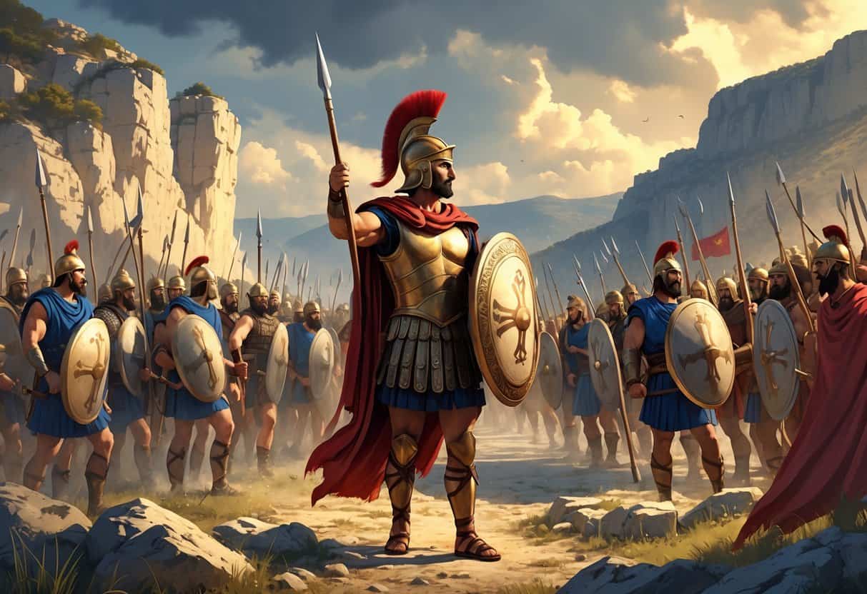 King Leonidas leads 300 Spartan warriors into battle at a narrow mountain pass with rocky cliffs and a distant enemy army.