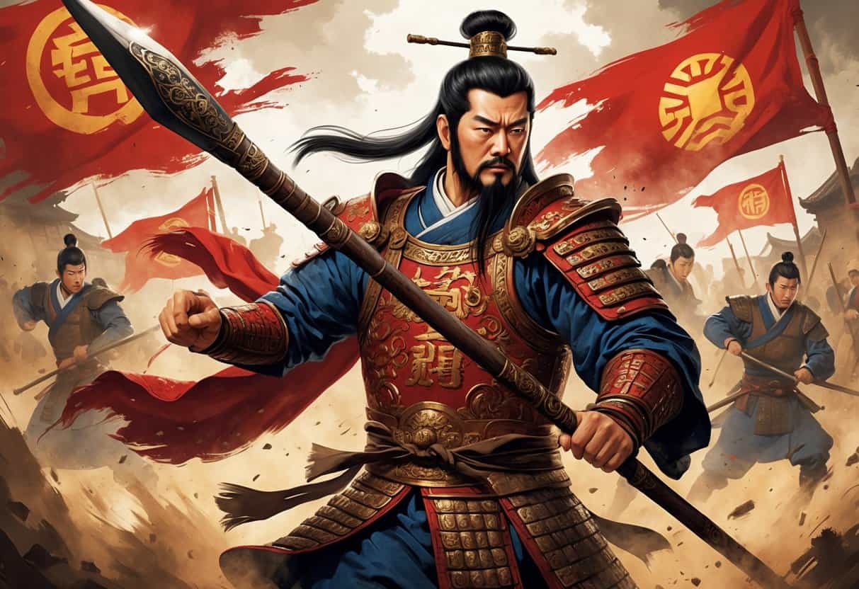 A fierce Chinese general in traditional armor holding a spear on a battlefield with soldiers and banners in the background.