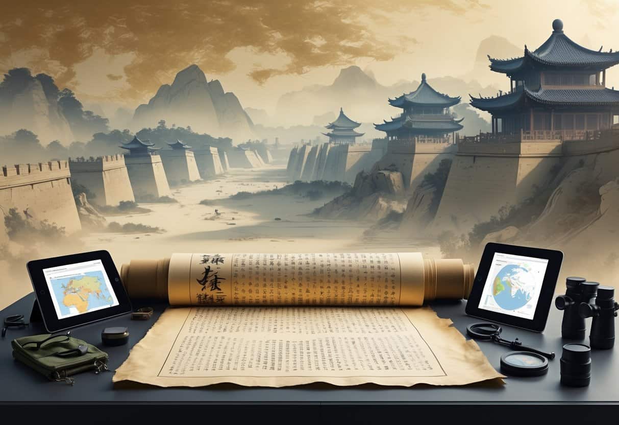 An open ancient scroll on a modern desk surrounded by digital tablets with tactical maps, a compass, and binoculars, with a background blending an ancient battlefield and a modern cityscape.