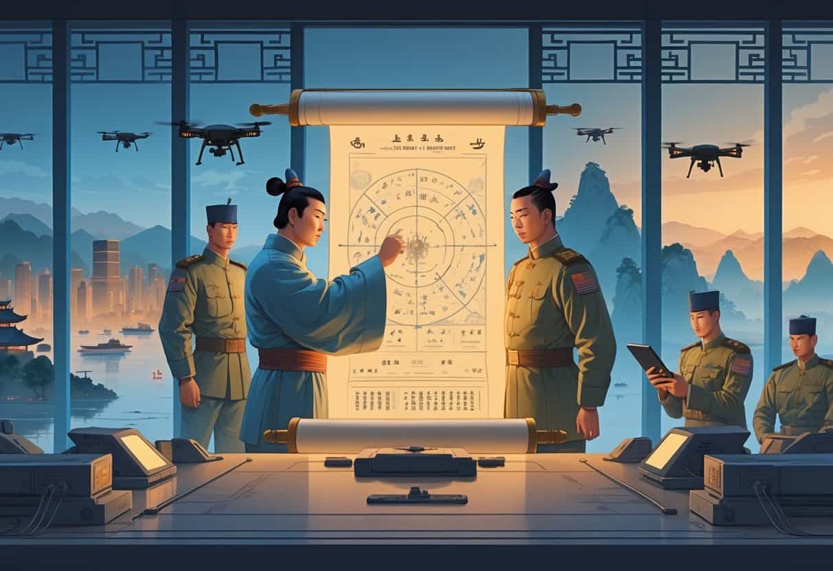 An ancient Chinese general studies a large scroll with battle diagrams in a war room that combines traditional and modern military elements, including digital maps and soldiers, with a background blending mountains and a city skyline at dawn.