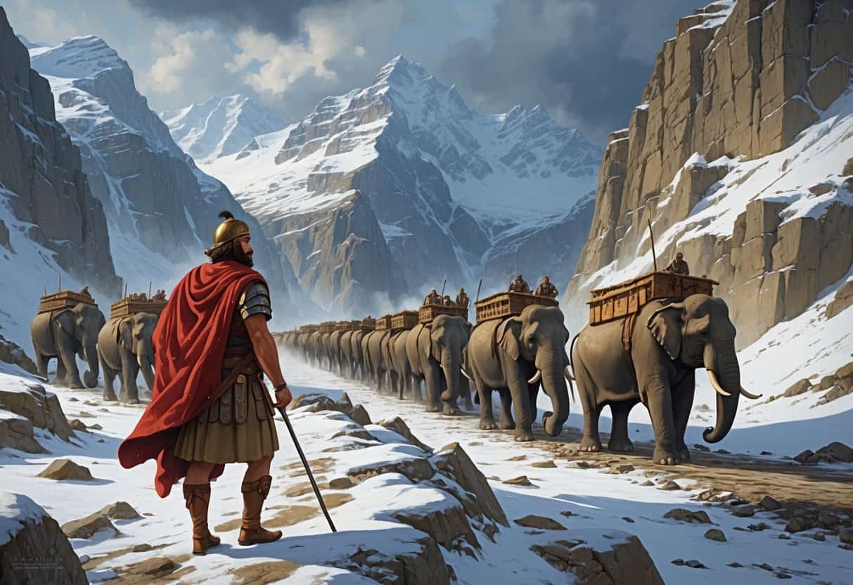 Hannibal leading soldiers and war elephants across a snowy mountain pass with steep cliffs and towering peaks.