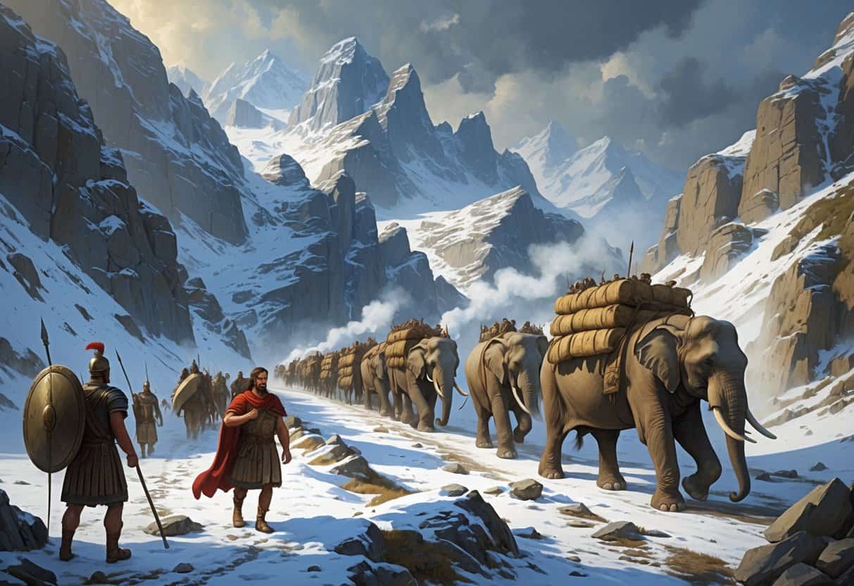 Hannibal leading soldiers and war elephants across snowy, steep mountain paths in a rugged alpine landscape.
