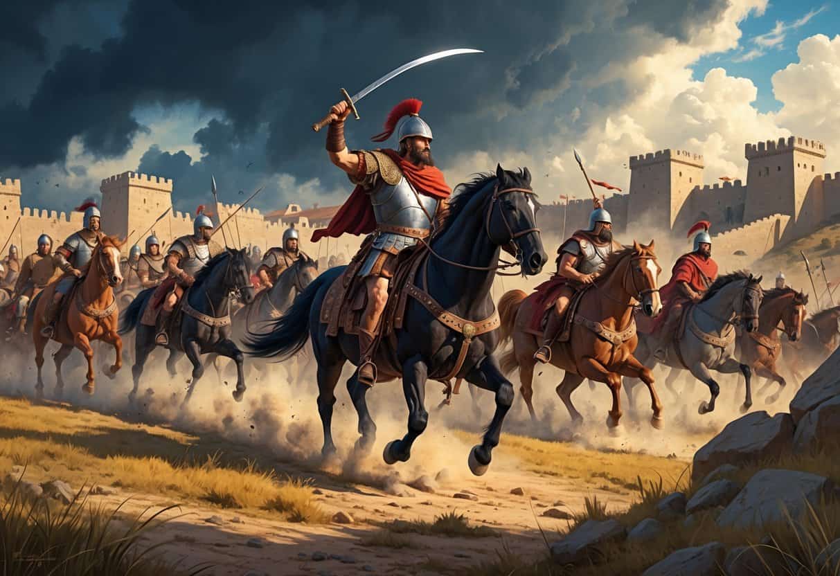 Attila the Hun leading a cavalry charge against a Roman city with soldiers preparing to defend behind the city walls.
