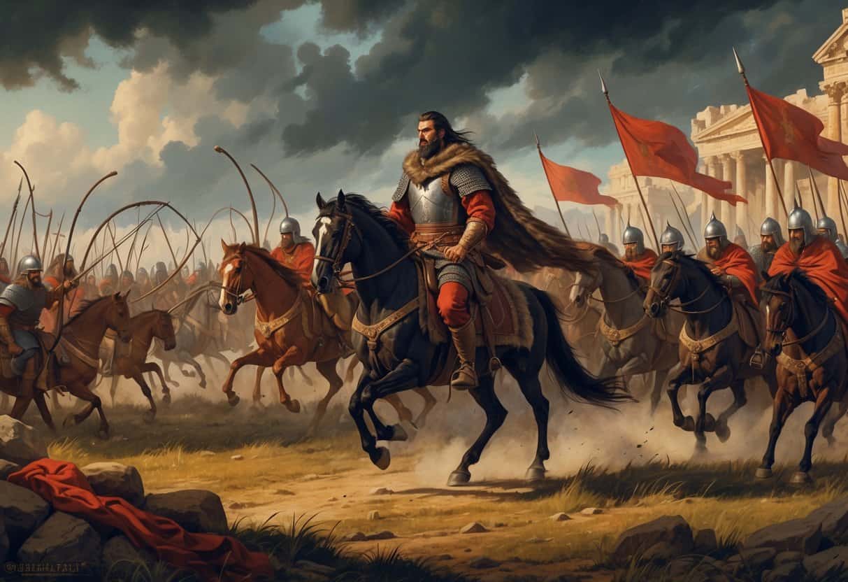 A fierce battle scene showing Attila the Hun leading his warriors against Roman soldiers near a Roman camp with ancient buildings in the background.