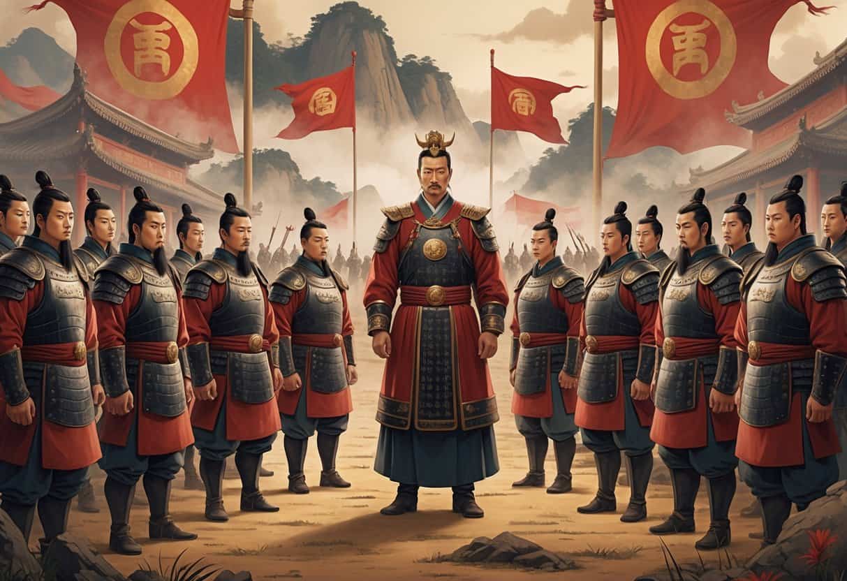 A group of Qin dynasty generals in armor standing before Emperor Qin Shi Huang in a military camp with banners and a mountainous landscape in the background.