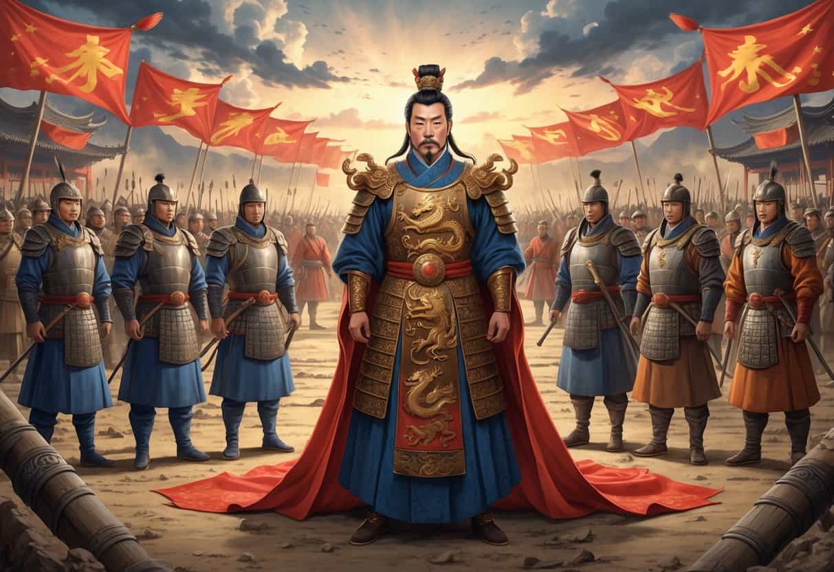 Qin Shi Huang stands in imperial armor surrounded by his generals in traditional military gear at a battlefield with soldiers and siege weapons under a dramatic sky.