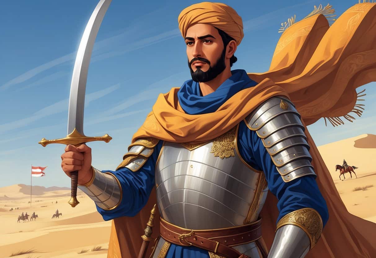 A man in traditional armor holding a curved sword, standing in a desert with distant banners and horses.