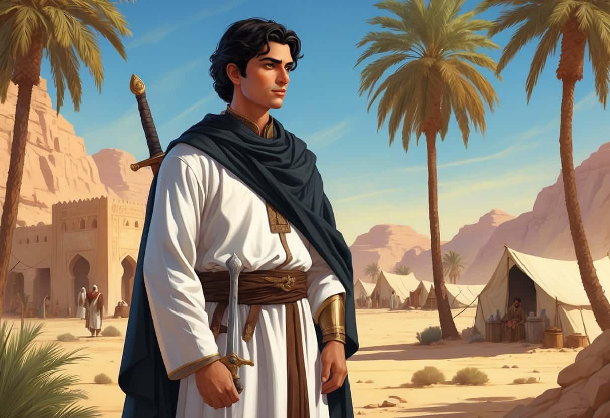A young Arabian man in traditional clothing stands thoughtfully in a desert oasis with palm trees and tents in the background.