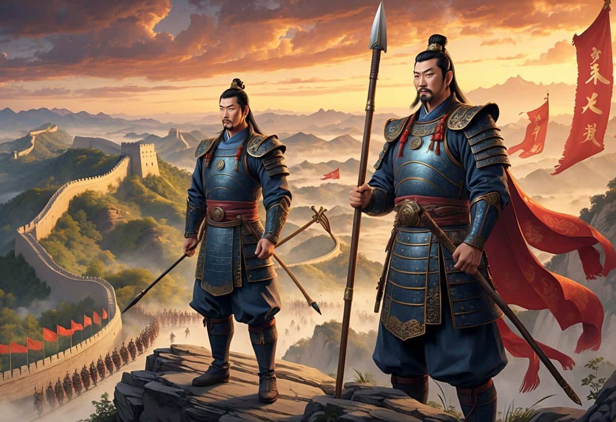Two ancient Chinese generals stand on a hill overlooking a battlefield with soldiers and the early Great Wall in the background.