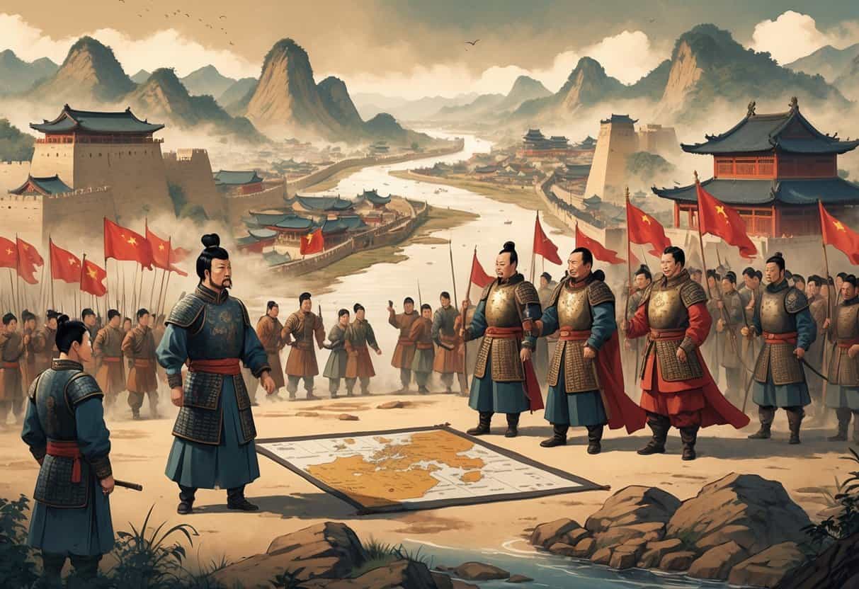 Two ancient Chinese generals in armor stand with soldiers and maps amid fortresses and mountains, representing the period before China’s unification.