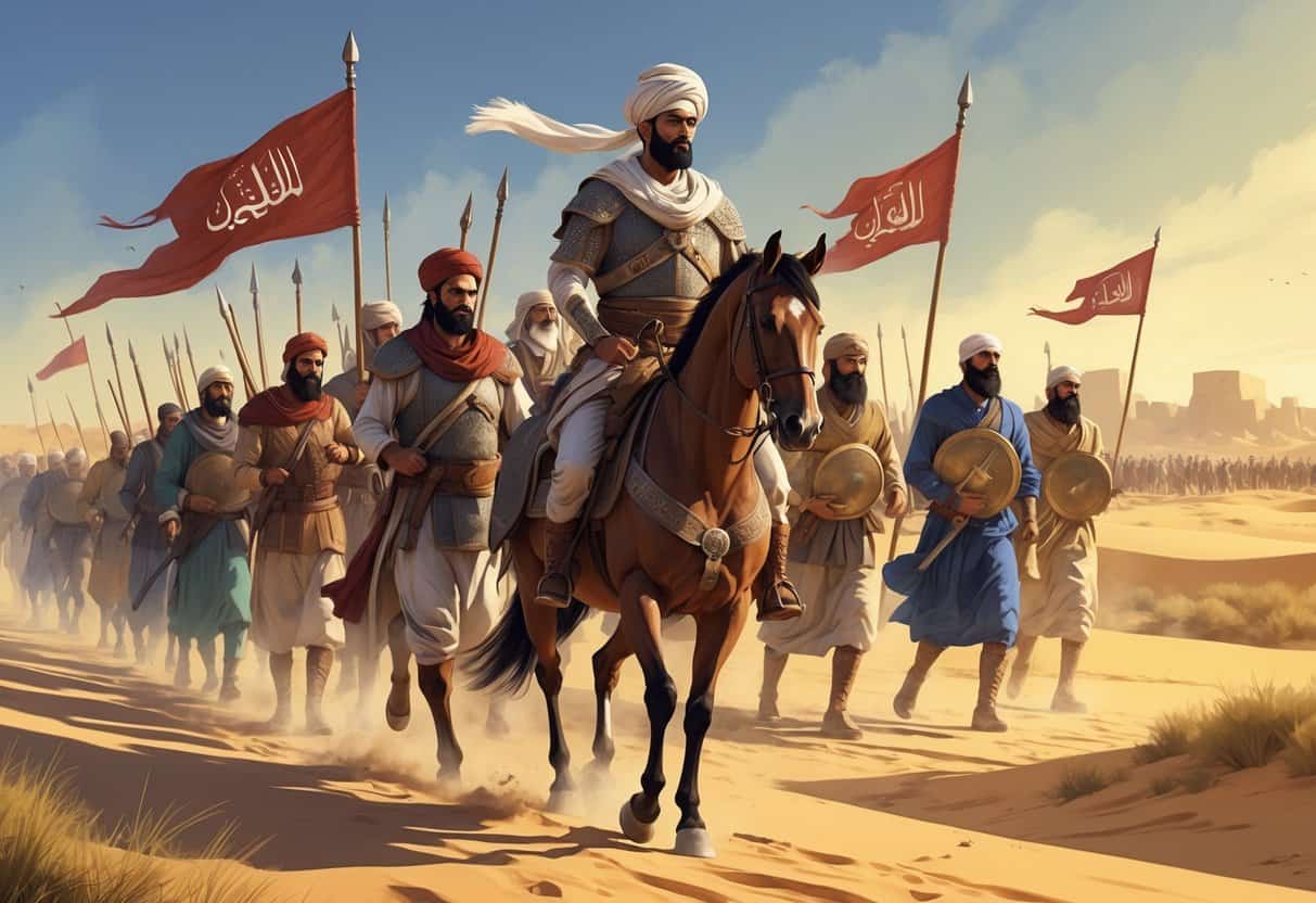 A military leader on horseback leads a group of soldiers across a desert landscape with distant cities in the background.