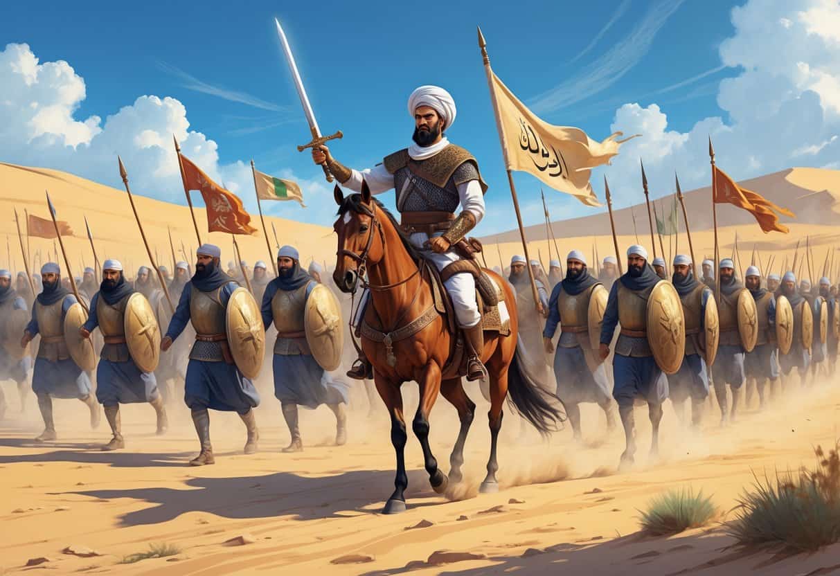 Khalid ibn al-Walid leading a group of Muslim soldiers on horseback across a desert battlefield during early Islamic conquests.
