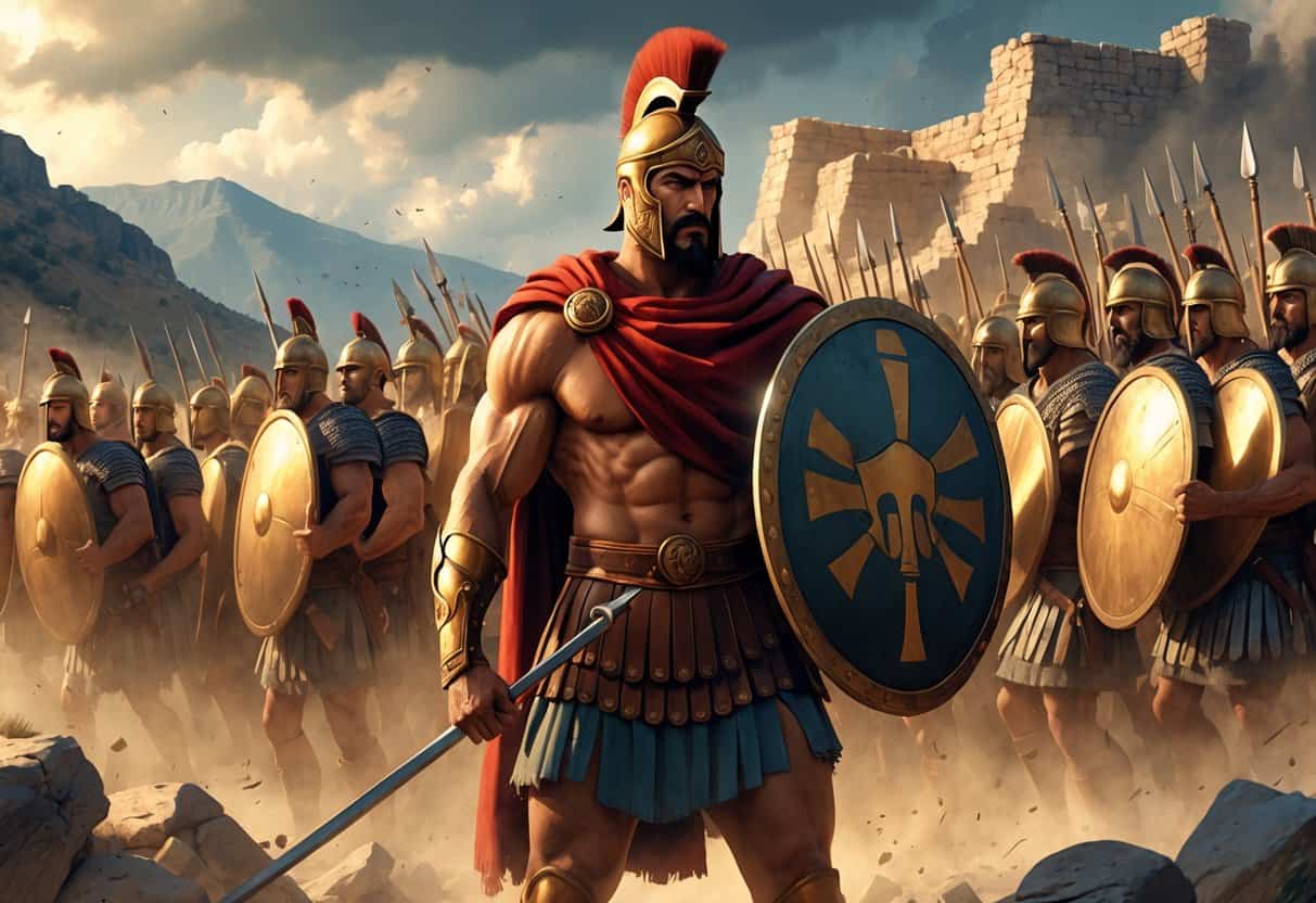 A Spartan warrior in a red cloak leads a group of armored soldiers holding shields and spears in a mountainous battlefield.