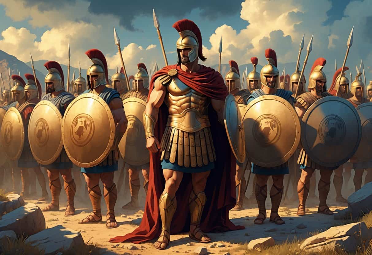 A group of Spartan warriors led by a heroic figure in a red cloak and bronze helmet stand together on a rocky battlefield, holding shields and spears, ready for battle.