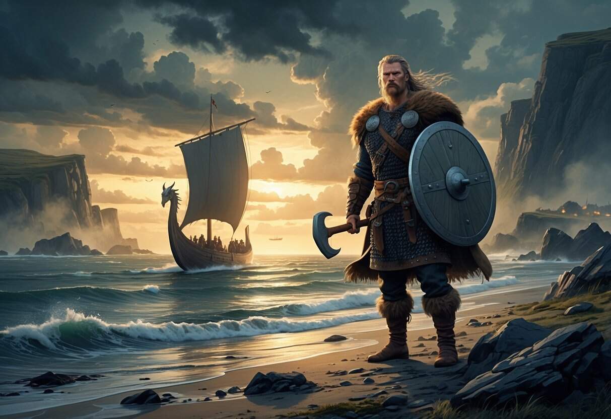 A Viking warrior stands on a rocky shore beside a longship, holding a shield and axe, with a stormy sky and distant settlements in the background.