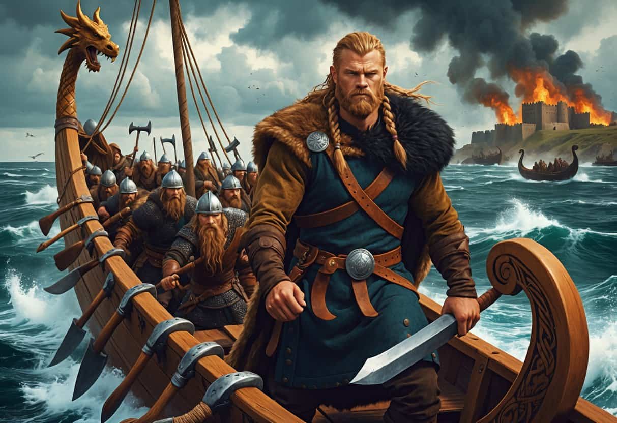 A Viking warrior stands on a longship during a raid, surrounded by other warriors fighting near a burning coastal village.