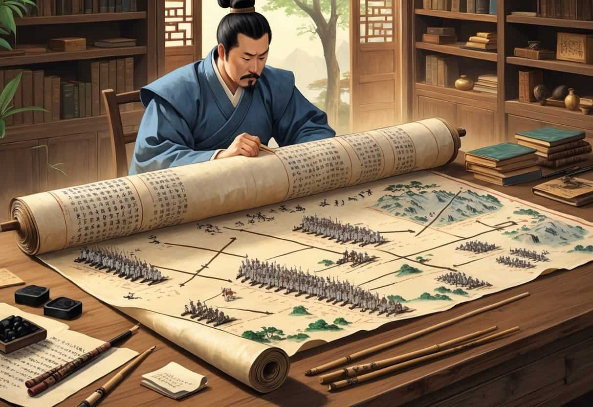 A scholar studies an ancient scroll with battle diagrams and maps on a wooden desk surrounded by traditional Chinese writing tools and books.