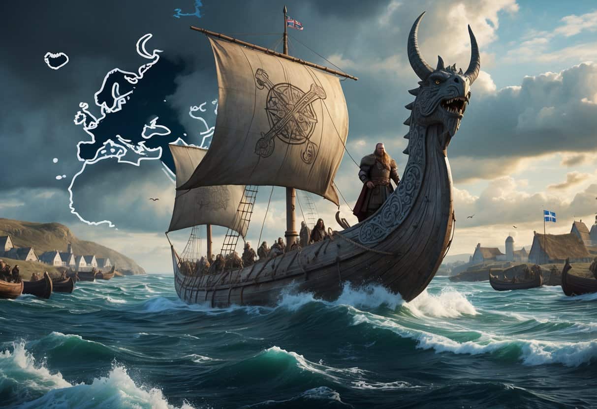 A Viking longship sails through rough seas with Bjorn Ironside standing at the front holding a battle-axe, with a faint map of Europe in the background showing Viking campaign regions.
